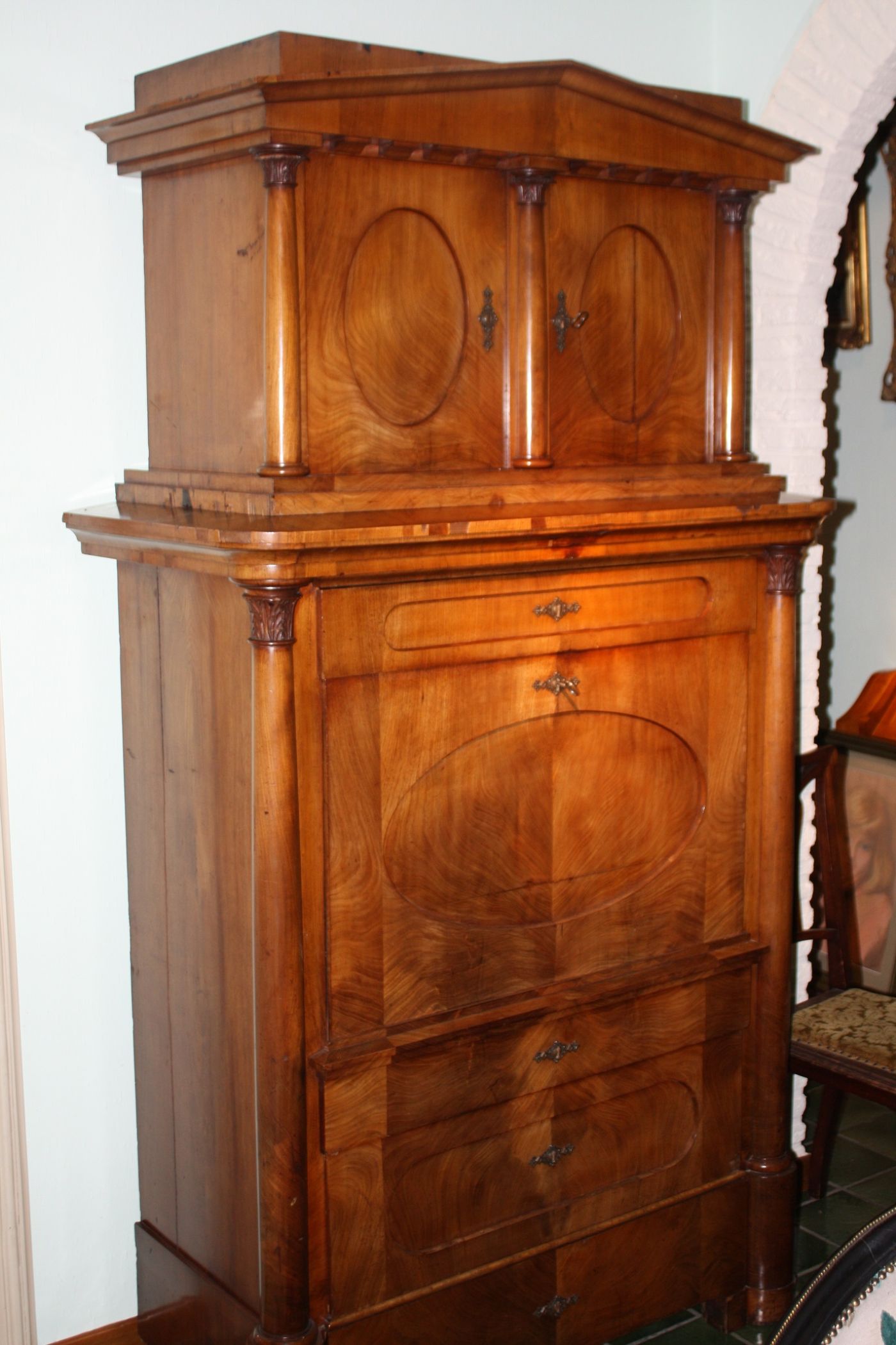 Antique German 1820's Empire style two-part cherry wood veneer bureau secretary desk