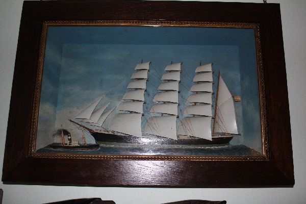 Antique 1900 four mast sailing ship half model diorama, ship with danish flag