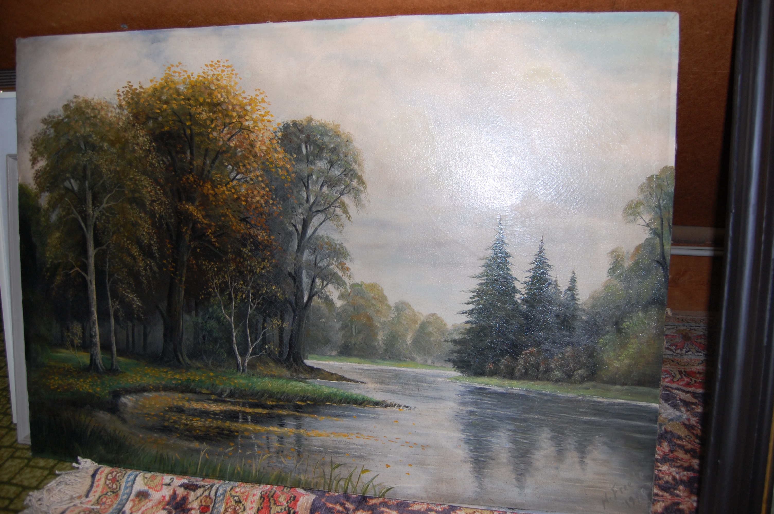 A large oil on canvas painting depicting a north german landscape