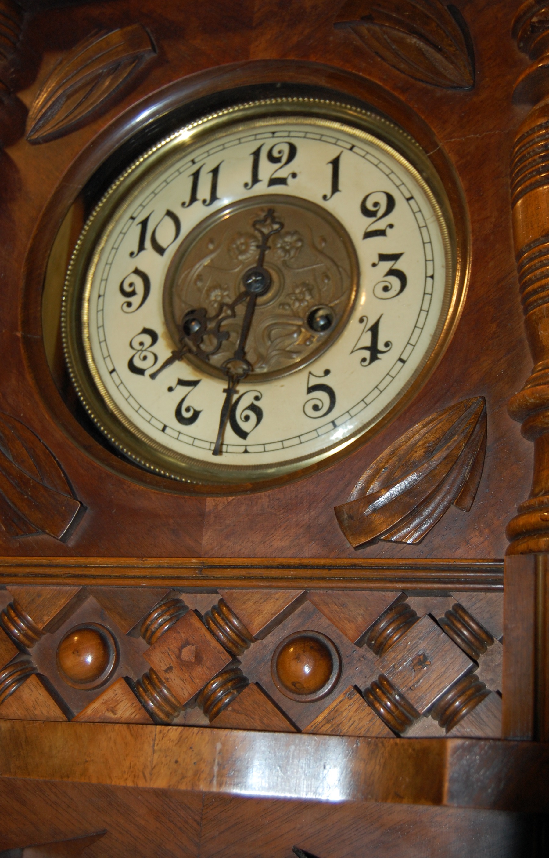 A nice 1900 mechanical wooden wall clock Height: 39 in. (100 cm) 