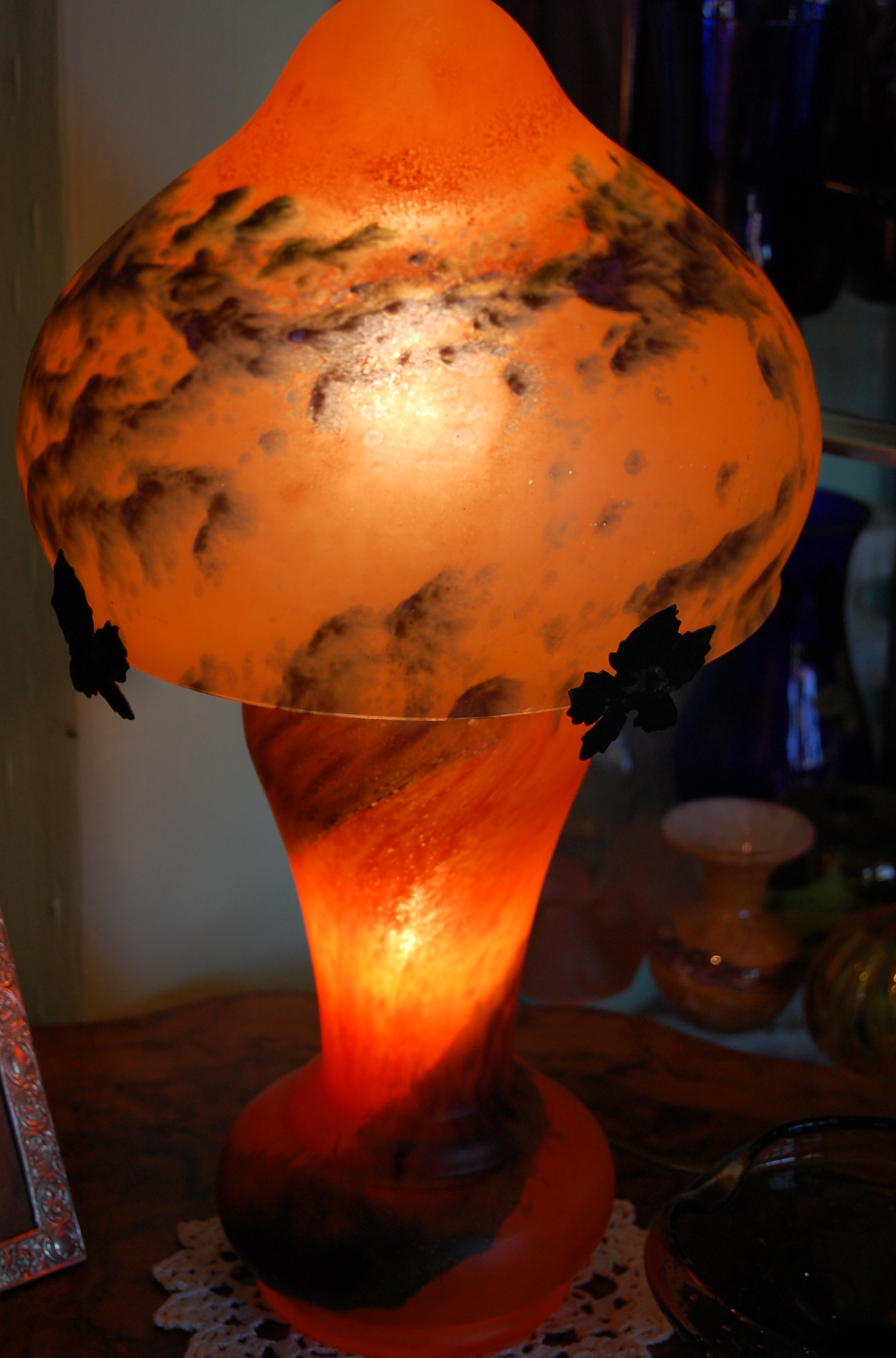 A 20th century orange glass mushroom lamp, Height: 18 in. (46 cm)