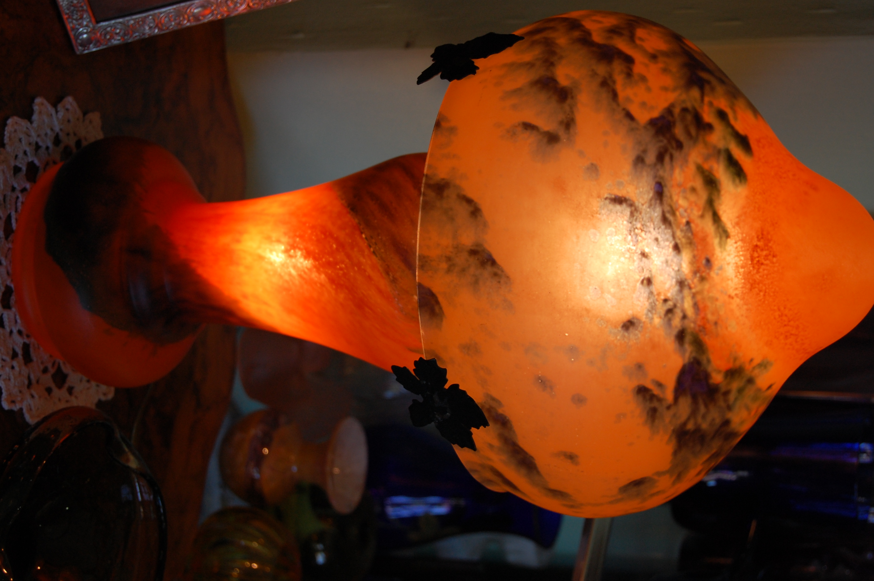 A 20th century orange glass mushroom lamp
