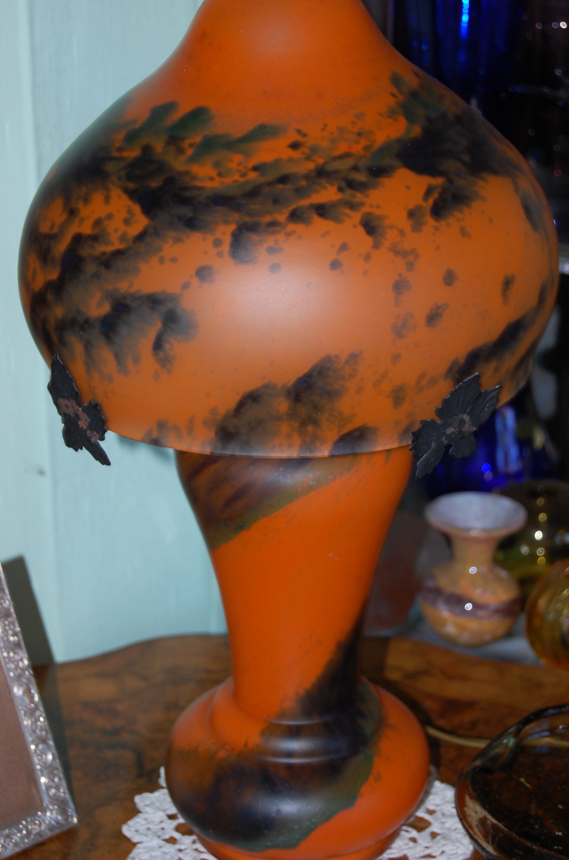 A 20th century orange glass mushroom lamp, Height: 18 in. (46 cm)