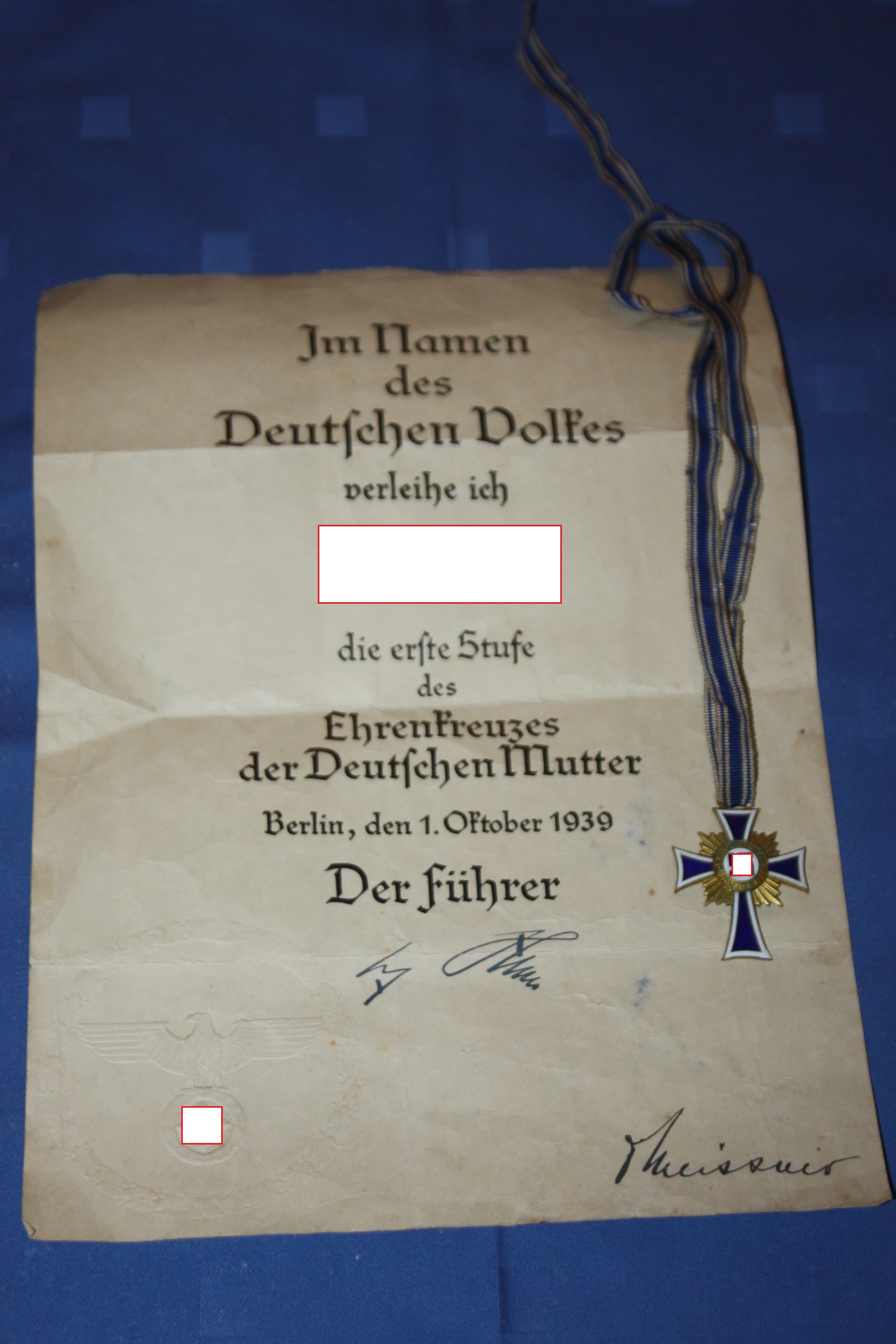 A WW2 Mother's Cross Mutterkreuz 1. Stufe with certificate