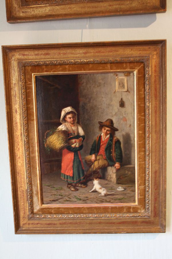 Italian Mid-19th century scenery of children playing with a cat, painting Gaetano Mormile