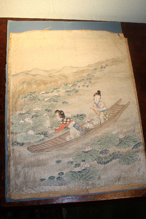 Antique 19th century Japanese silk painting of women harvesting lotus flowers