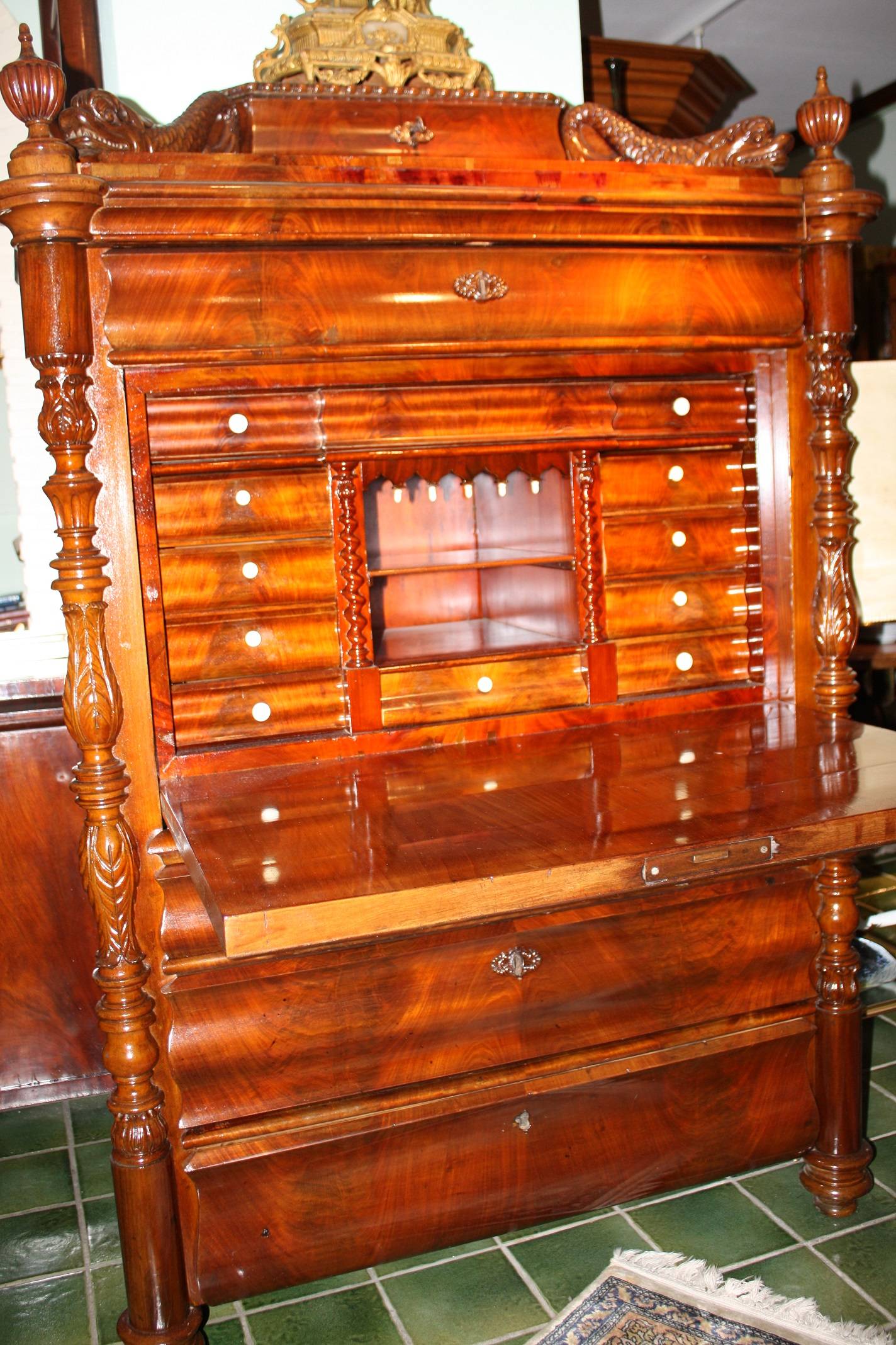 Prestigious antique 1880's North German Mahogany Secretary Desk