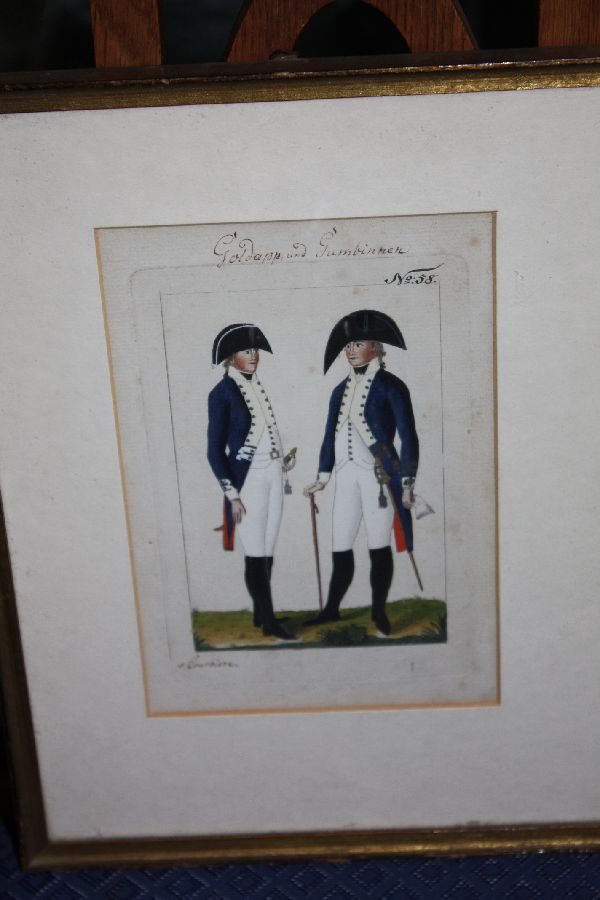 1800 coloured copper engraving showing two soldiers by de Courbière