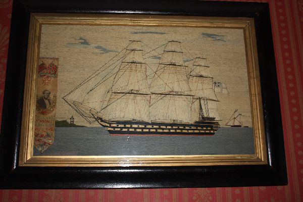 English 19th century cotton and silk stitched ship portrait of the HMS Duncan under Admiral James Hope